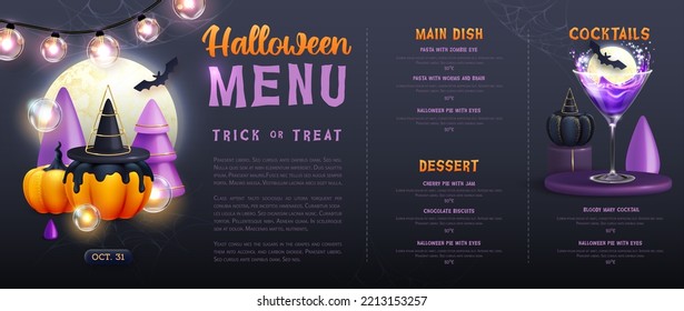 Halloween holiday menu design with realistic 3D halloween pumpkins and cocktail. Vector illustration