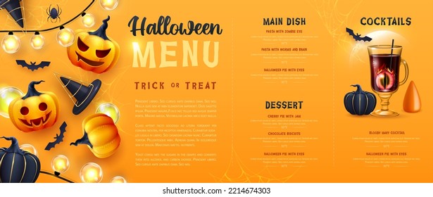 Halloween holiday menu design with realistic 3D halloween pumpkins and cocktail. Vector illustration