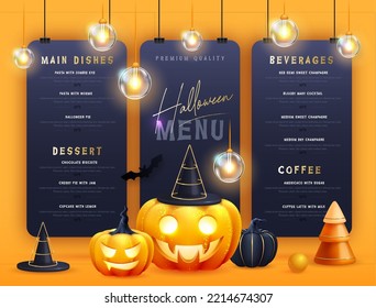 Halloween holiday menu design with realistic 3D halloween pumpkins. Vector illustration