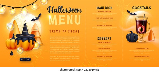 Halloween holiday menu design with realistic 3D halloween pumpkins and cocktail. Vector illustration