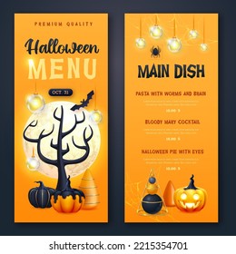 Halloween holiday menu design with realistic 3D halloween pumpkins and full moon. Vector illustration