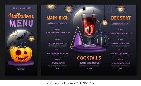 Halloween holiday menu design with realistic 3D halloween pumpkins and cocktail. Vector illustration