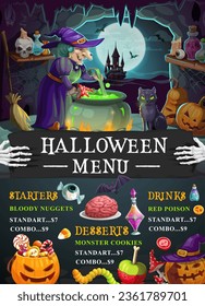 Halloween Feiertagsmenü Vorlage mit Cartoon-Spooky Hexe Kochen Braun in Kessel. Vektorhintergrund mit Gaumenfreuden, festlichen Snacks und Mahlzeiten, Vorspeisen, Desserts und Getränke