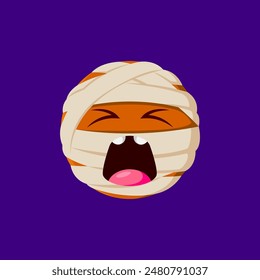 Halloween holiday mummy emoji. Cartoon character wrapped in bandage with wide open mouth and closed eyes peeking out, evoking spooky yet playful vibes. Isolated vector cute emoticon round face for app