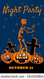 Halloween holiday Night Party greeting card merry pumpkins in a rising dead cemetery