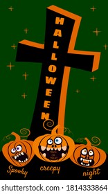 Halloween holiday Night Party greeting card merry pumpkins in cemetery