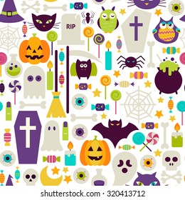 Halloween Holiday Objects Seamless Pattern. Flat Design Vector Seamless Texture Background. Halloween Party Template. Trick or Treat