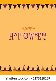 Halloween holiday orange banner background design. Blank text space. Witch hats pattern decorative border. Happy Halloween text lettering. Party celebration invitation vector illustration template