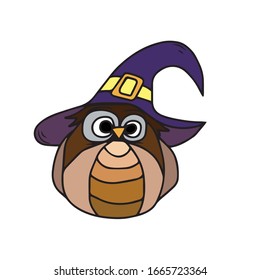 Halloween holiday, an owl in a witch's hat. Colorful silhouette. Children's flat vector design on a white isolated background.