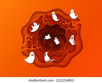 Papel de feriado de Halloween cortado con fantasmas voladores y cementerio. Papel vectorial de vacaciones de Halloween fondo espeluznante o temible fondo, papel de pared rojo de horror con cruces de cementerio y personajes fantasmas