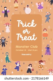 Halloween holiday party card, ad banner design with disguised kids. Promo poster, flyer template for October carnival, childrens event. Trick and Treat promotion. Colored flat vector illustration