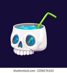 Halloween holiday party cocktail drink in skull glass for bar menu, cartoon vector. Halloween cocktail drink potion and blue bubbling soda beverage in scary spooky skull cup with drinking straw