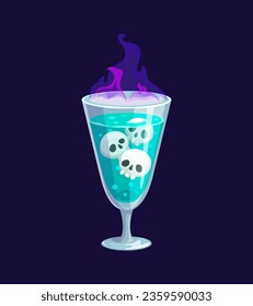 Halloween holiday party cocktail drink. Isolated vector sinister spirits sipper. Spine-chilling beverage with skull-shaped ice, flickering with purple fire. Spooky delight that raises the undead vibes