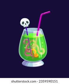 Halloween holiday party cocktail drink. Isolated vector sinister swamp sip, spooky green beverage with skull, straw, gummy worm garnish wriggling in a mysterious concoction, a creepy holiday beverage