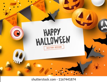 Halloween holiday party Composition with Jack O' Lantern pumpkins, party decorations and sweets on a colorful abstract background. Top view vector illustration.