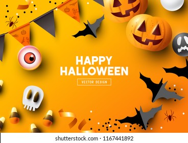 Halloween holiday party Composition with Jack O' Lantern pumpkins, party decorations and sweets on a orange background. Top view vector illustration.