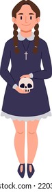 Halloween holiday party female character outfit vector illustration. Happy cute girl in black dress holding scull, trick or treat. Little kid in kindergarten or school.