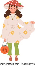 Halloween holiday party female character outfit vector illustration. Happy cute girl in mushroom costume trick or treat. Little kid with fly agaric hat and pumpkin in kindergarten or school.