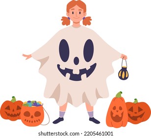 Halloween holiday party female character outfit vector illustration. Happy redhead girl in spooky ghost costume trick or treat pumpkin. Halloween children creepy celebration in kindergarten or school 