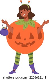 Halloween holiday party female character outfit vector illustration. Happy redhead girl in funny pumpkin costume trick or treat. Halloween children creepy celebration in kindergarten or school 