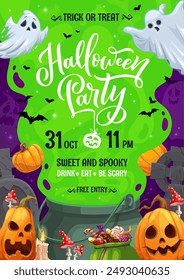 Halloween holiday party flyer with cauldron and pumpkins, trick or treat celebration vector poster. Kids Halloween party flyer with boo ghosts, bats and witch mushroom with candy sweets in cauldron