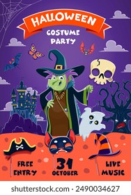 Halloween holiday party flyer with funny witch holding skull mask for the ultimate photo booth experience near. Vector banner with haunted castle with creepy bats, spooks, butterfly and tree monster