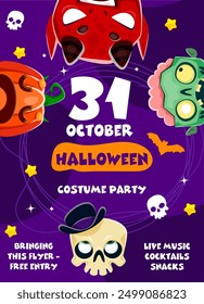 Folleto de fiesta de Halloween con divertidos personajes de dibujos animados. Anuncio de invitación de Vector con espeluznantes rostros de calabaza, diablo, zombi y calavera invitan a una espeluznante celebración nocturna llena de espeluznante diversión