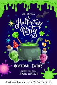 Halloween holiday party flyer with green slime, potion bottles and witch cauldron. Spooky trick or treat night event vector poster of cartoon bat and old pot with magic elixir, mushroom and candies