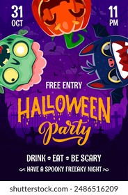 Halloween holiday party flyer with zombie, pumpkin and bat funny characters. Fall season party creepy poster, happy Halloween event or horror holiday announce vector flyer with monsters funny faces