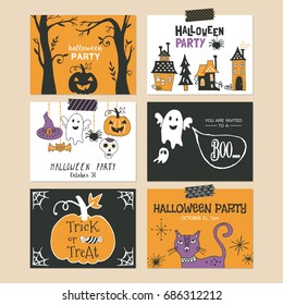 Halloween holiday party invitation and greeting template set. Hand drawing vector illustration