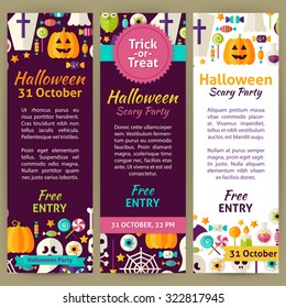 Halloween Holiday Party Invitation Template Flyer Set. Flat Design Vector Illustration of Brand Identity for Halloween Promotion. Trick or Treat Colorful Pattern for Advertising