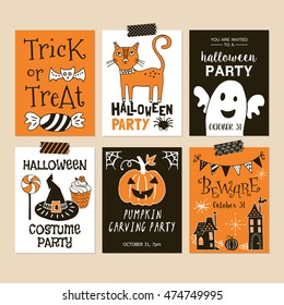 Halloween holiday party invitation template set. Hand drawing vector illustration