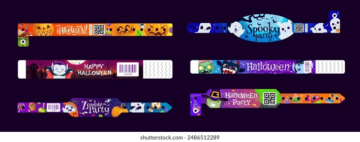 Halloween holiday party paper bracelets, hand wristband mockup. Vector set with cartoon spooky motifs, pumpkins, ghosts, witch or vampire and bats. Festive wrists, playful accessories for holiday