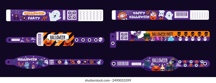 Halloween holiday party paper bracelets and hand wristband mockups vector set with spooky motifs, pumpkins, and bats. Festive wrists, playful accessories for celebrating the spirited holiday gathering