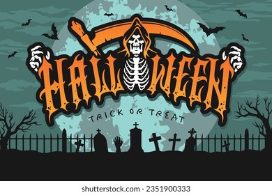 Halloween holiday party poster colorful with big moon and skeleton in hood near inscription trick or treat vector illustration