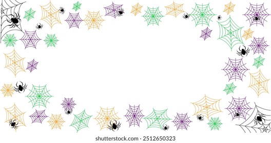 Halloween holiday party web background for horror night decorations, vector poster. Halloween party and paper confetti with orange, green, purple web and black spiders.