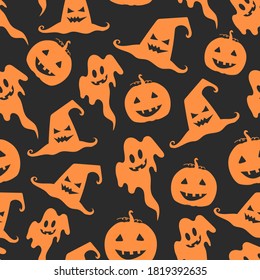 Halloween holiday pattern background. Autumnal seamless pattern with leaf. Perfect for wallpaper, gift paper, pattern fills, autumn greeting cards. Repeating vector illustration with foliage in trendy