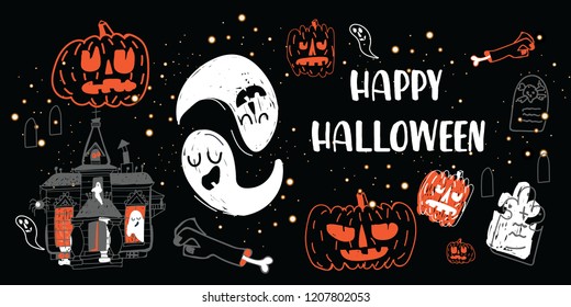 Halloween holiday  pattern background with hand drawing elements - pumpkin, spider, bat, terrible house and ghost. Vector illustration EPS 10