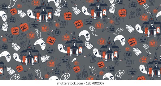 Halloween holiday  pattern background with hand drawing elements - pumpkin, spider, bat, terrible house and ghost. Vector illustration EPS 10