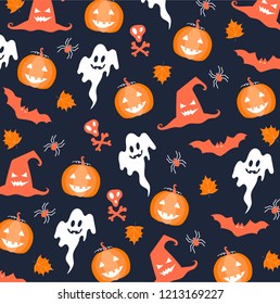 Halloween holiday pattern background. Happy Halloween invitation card.  Set of Halloween icons and design elements. Vector illustration. Greeting cards with traditional symbols.