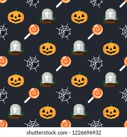 Halloween holiday pattern grave in cemetery, orange pumpkin, spider and cobweb, sweet candy lollipop, dark background. Happy halloween pattern