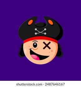 Halloween holiday pirate emoji cartoon character. Isolated vector corsair with cross eye, bandana, and tricorn hat. Spooky filibuster personage face with wide cheerful smile, app message emoticon