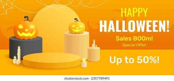 Halloween holiday podium banner with 3d dimensional decorations of pumpkin lanterns and candles. Promotion banner, studio, empty stage. Vector illustration.