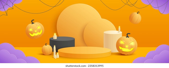 Halloween holiday podium banner with 3d dimensional decorations of pumpkin lanterns and candles. Web banner, studio, empty stage. Vector illustration.