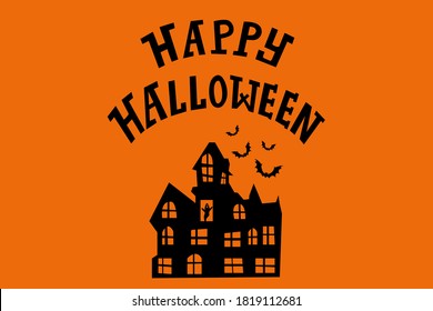 Halloween holiday postcard with haunted house, ghost in a window and bats silhouette on yellow moon on dark blue background. Mock up for party or sale. 