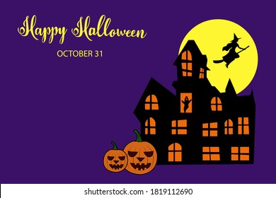 Halloween holiday postcard with haunted house, ghost in a window and bats silhouette on yellow moon on dark blue background. Mock up for party or sale. 