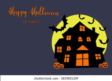 Halloween holiday postcard with haunted house, ghost in a window and bats silhouette on yellow moon on dark blue background. Mock up for party or sale. 