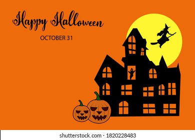 Halloween holiday postcard with haunted house, ghost in a window and bats silhouette on yellow moon on dark blue background. Mock up for party or sale. 