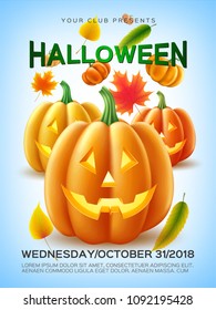 Halloween holiday poster with and autumn symbols set. Spooky pumkin scary face, jack o lantern, autumn falling oak, maple leaves. Harvest and fall objects. Realistic vector illustration.