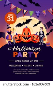 Halloween holiday poster banner template. Party flyer invitation layout. Vector illustration. Night background with kids in witch and skeleton costumes, pumpkin lanterns, full moon and bats